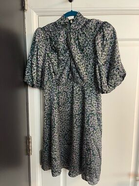kate spade Green Floral Puff-Sleeve Midi Dress with Lavender Accents